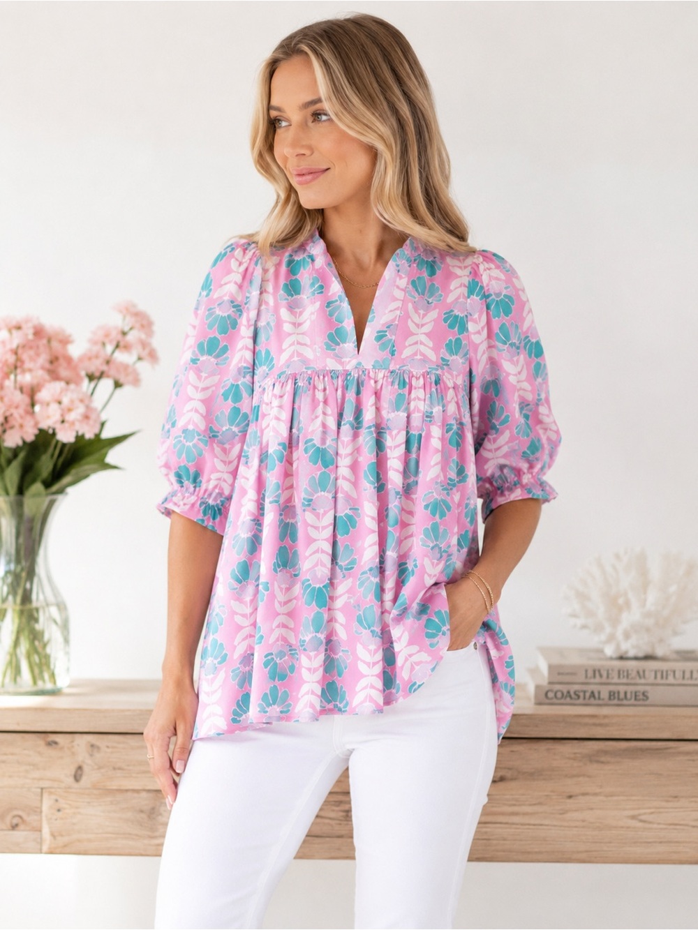 NEW Marie Sz M Pink Retro Floral Puff Sleeve Tunic Blouse Boho Cottagecore